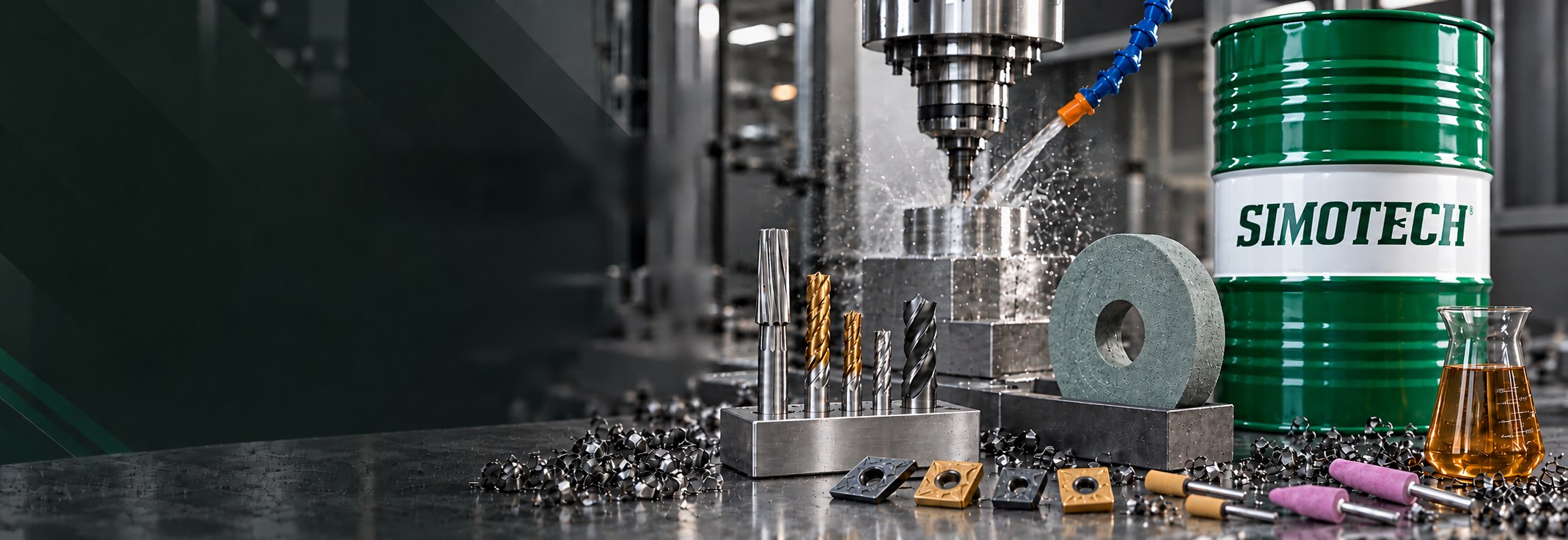 SIMOTECH industrial products — end mills, turning inserts, a grinding wheel, mounted points, and a metalworking oil drum